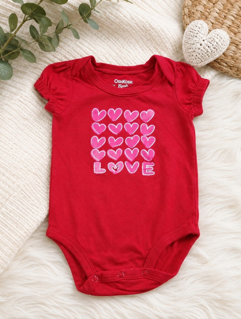 Size 12M OshKosh B'gosh Red Bodysuit with Pink Hearts